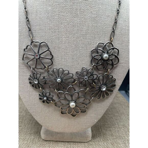Lia Sophia Flower Design Necklace Accented With Crystals and Pearls Retired - Picture 2 of 7